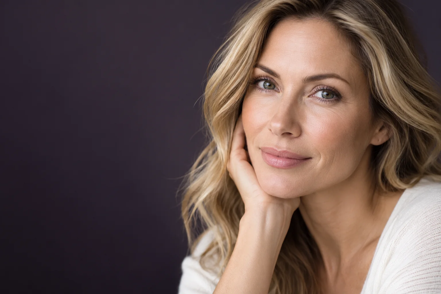 Woman with blonde hair resting her face gently on her hand